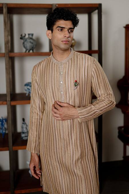 Mishru_Beige Dupion, Satin Embroidery Sylas Kurta Set _at_Aza_Fashions