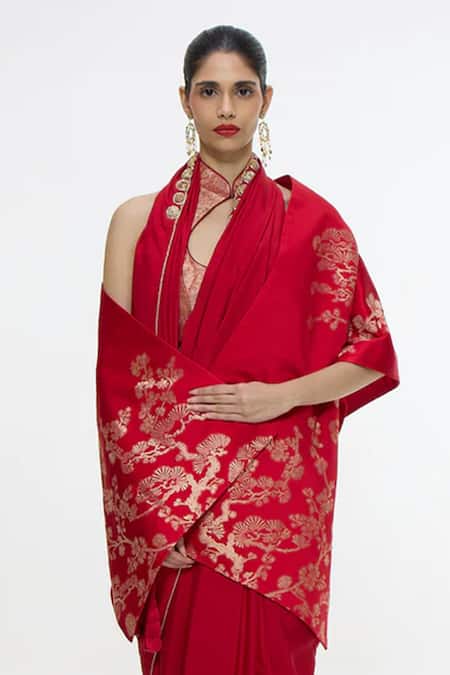 Buy_Ekaya Banaras_Red Cherry Blossom Handwoven Shawl _Online_at_Aza_Fashions