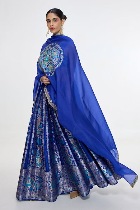 Ekaya Banaras_Blue Kadhwa Banarasi Handwoven Shawl _Online_at_Aza_Fashions