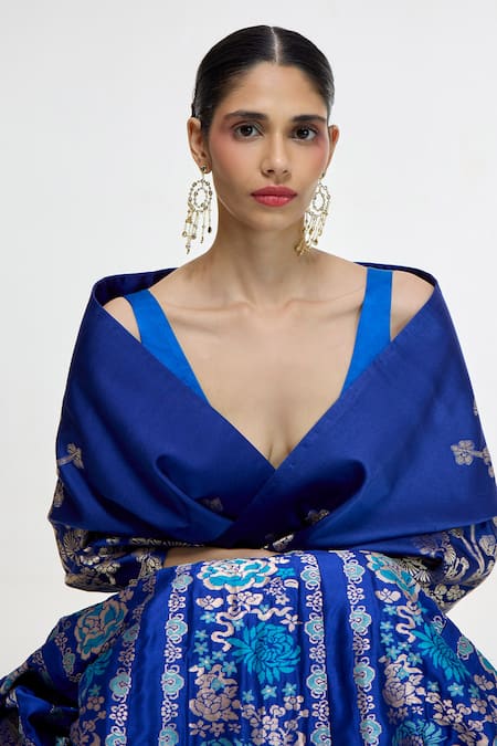 Shop_Ekaya Banaras_Blue Kadhwa Banarasi Handwoven Shawl _Online_at_Aza_Fashions