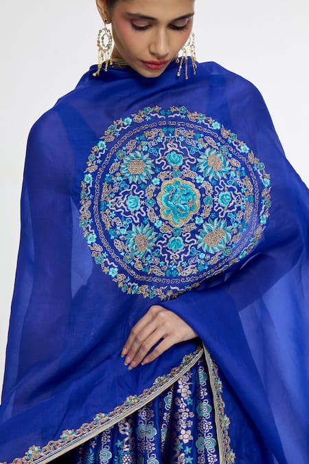 Ekaya Banaras_Blue Kadhwa Banarasi Handwoven Shawl _at_Aza_Fashions