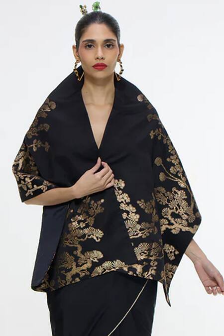 Ekaya Banaras_Black Cherry Blossom Handwoven Shawl _Online_at_Aza_Fashions