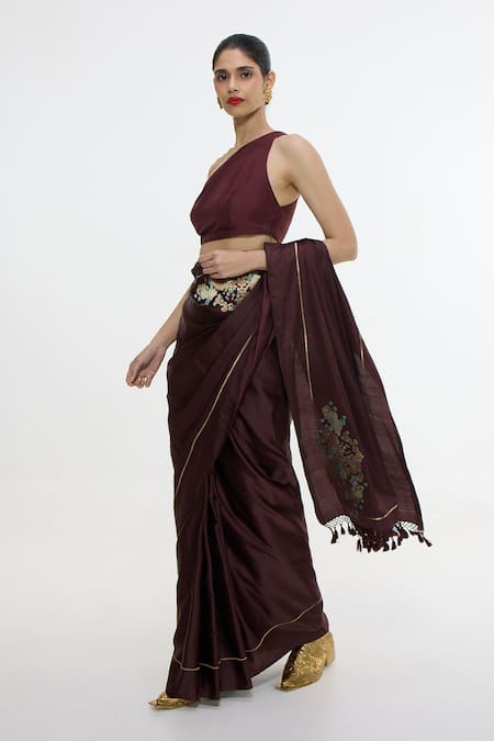 Ekaya Banaras Burgundy Satin, Silk Embroidery, Metallic Thread, Handwoven And Panel Saree Online at Aza Fashions Ekaya Banaras_Burgundy Satin, Silk Embroidery, Metallic Thread, Handwoven And Panel Saree _Online_at_Aza_Fashions