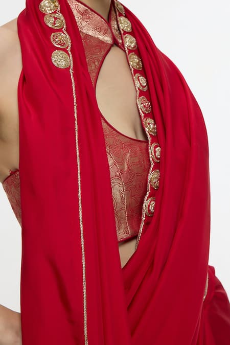 Buy_Ekaya Banaras_Red Silk Embroidery, Studs Handwoven Vermillion Saree _Online_at_Aza_Fashions