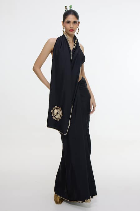 Shop Ekaya Banaras Black Silk Embroidery Placed Handwoven Saree at Aza Fashions Shop_Ekaya Banaras_Black Silk Embroidery Placed Handwoven Saree _at_Aza_Fashions