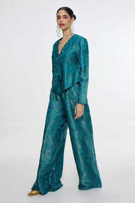 Ekaya Banaras_Blue Satin V-neck Handwoven Waistcoat And Pant Co-ord Set _Online_at_Aza_Fashions
