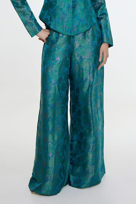 Buy_Ekaya Banaras_Blue Satin V-neck Handwoven Waistcoat And Pant Co-ord Set _Online_at_Aza_Fashions