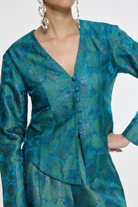 Shop_Ekaya Banaras_Blue Satin V-neck Handwoven Waistcoat And Pant Co-ord Set _Online_at_Aza_Fashions