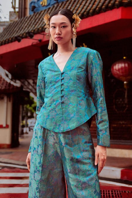 Ekaya Banaras_Blue Satin V-neck Handwoven Waistcoat And Pant Co-ord Set _at_Aza_Fashions