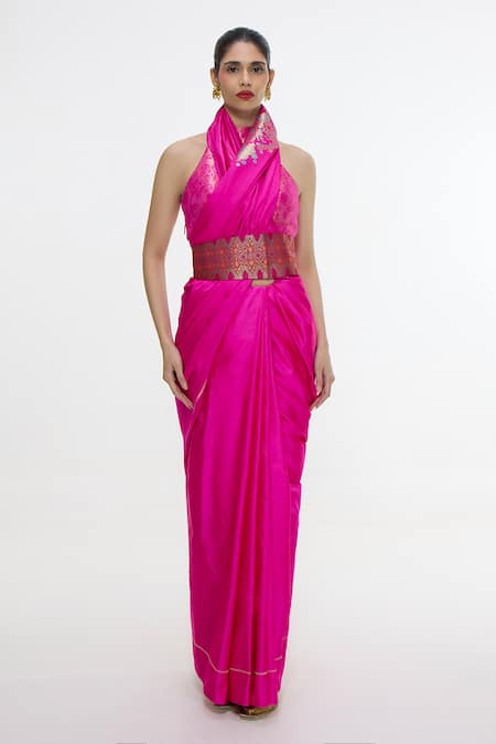 Ekaya Banaras_Fuchsia Satin Zari Handwoven Kadhwa Banarasi Saree _Online_at_Aza_Fashions