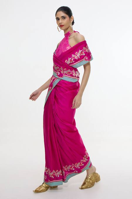 Ekaya Banaras_Fuchsia Silk Embroidery, Zari Floral Handwoven Saree _Online_at_Aza_Fashions