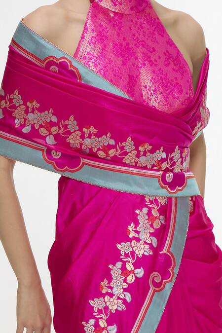 Buy_Ekaya Banaras_Fuchsia Silk Embroidery, Zari Floral Handwoven Saree _Online_at_Aza_Fashions
