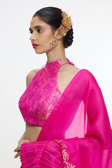 Ekaya Banaras_Fuchsia Satin, Silk, Organza Zari, Floral And Waves Handwoven Pattern Lehenga Set _Online_at_Aza_Fashions