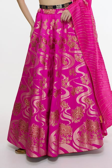 Buy_Ekaya Banaras_Fuchsia Satin, Silk, Organza Zari, Floral And Waves Handwoven Pattern Lehenga Set _Online_at_Aza_Fashions