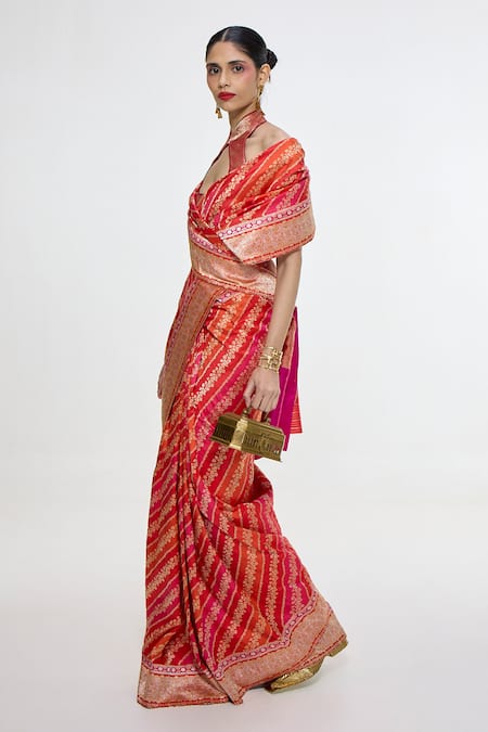 Ekaya Banaras Red Silk Embroidery, Zari Floral Handwoven Carmine Saree Online at Aza Fashions Ekaya Banaras_Red Silk Embroidery, Zari Floral Handwoven Carmine Saree _Online_at_Aza_Fashions