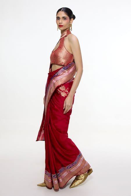 Ekaya Banaras Red Satin, Silk Metallic Thread, Zari Handwoven Scarlet Saree Online at Aza Fashions Ekaya Banaras_Red Satin, Silk Metallic Thread, Zari Handwoven Scarlet Saree _Online_at_Aza_Fashions