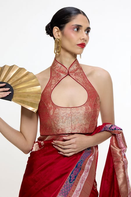 Buy Ekaya Banaras Red Satin, Silk Metallic Thread, Zari Handwoven Scarlet Saree Online at Aza Fashions Buy_Ekaya Banaras_Red Satin, Silk Metallic Thread, Zari Handwoven Scarlet Saree _Online_at_Aza_Fashions