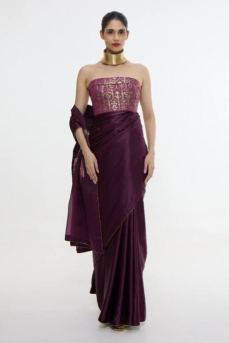 Ekaya Banaras_Purple Satin Embroidery, Metallic Thread Handwoven Garnet Saree _Online_at_Aza_Fashions