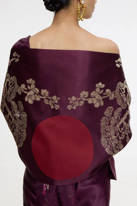 Shop_Ekaya Banaras_Purple Satin Embroidery, Metallic Thread Handwoven Garnet Saree _Online_at_Aza_Fashions