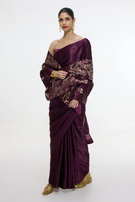 Ekaya Banaras_Purple Satin Embroidery, Metallic Thread Handwoven Garnet Saree _at_Aza_Fashions