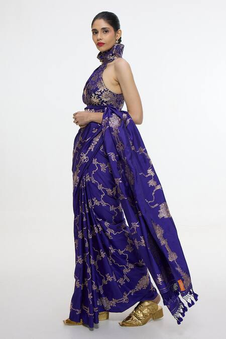 Ekaya Banaras_Blue Silk Metallic Thread, Tassels Floral Vine Pattern Handwoven Saree _Online_at_Aza_Fashions