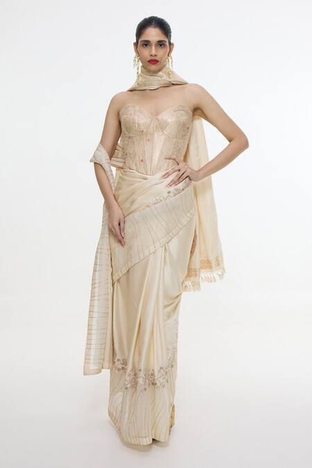 Ekaya Banaras_Beige Silk Embroidery, Zari Border Handwoven Saree _Online_at_Aza_Fashions