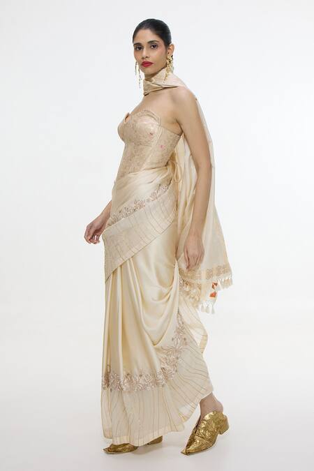 Buy_Ekaya Banaras_Beige Silk Embroidery, Zari Border Handwoven Saree _Online_at_Aza_Fashions
