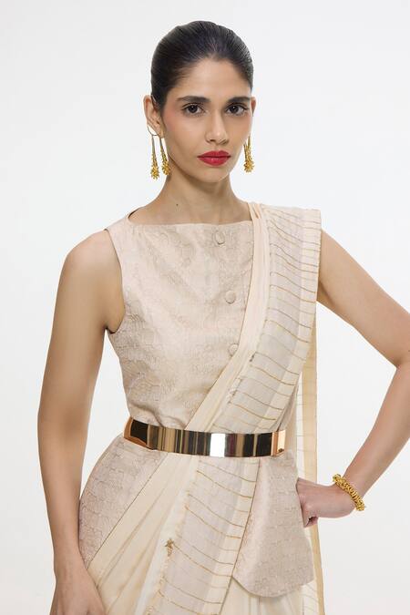 Ekaya Banaras_Beige Silk Embroidery, Zari Border Handwoven Saree _at_Aza_Fashions