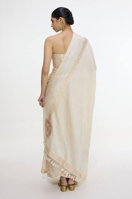 Buy_Ekaya Banaras_Beige Silk Embroidery, Zari Border Handwoven Saree 
