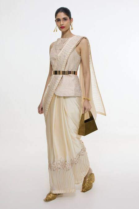 Shop_Ekaya Banaras_Beige Silk Embroidery, Zari Border Handwoven Saree 