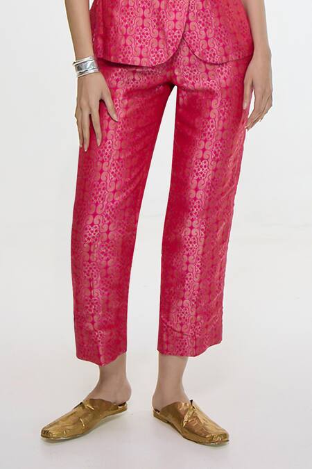 Ekaya Banaras_Fuchsia Satin, Silk Round Neck Floral Handwoven Waistcoat And Pant Co-ord Set _Online_at_Aza_Fashions
