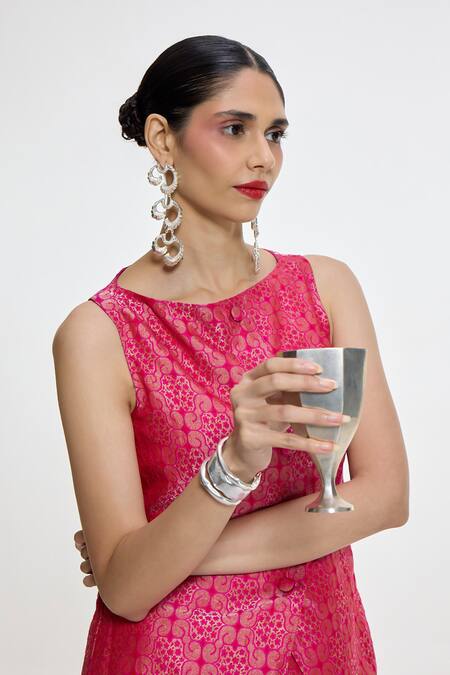 Shop_Ekaya Banaras_Fuchsia Satin, Silk Round Neck Floral Handwoven Waistcoat And Pant Co-ord Set _Online_at_Aza_Fashions