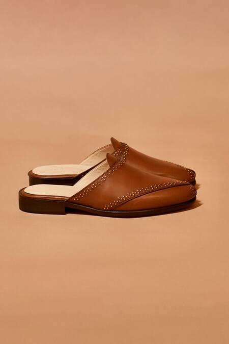Dmodot_Brown Hoffler Bruno Riveto Leather Mules _Online_at_Aza_Fashions