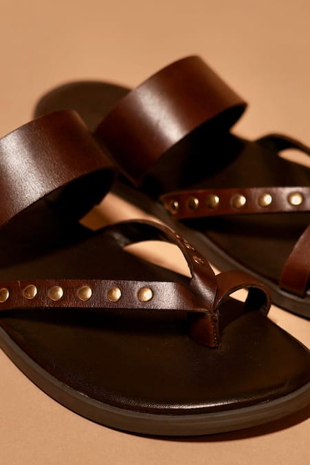 Buy_Dmodot_Brown Studs Pelle Scuro Riveto Leather Sandals _Online_at_Aza_Fashions