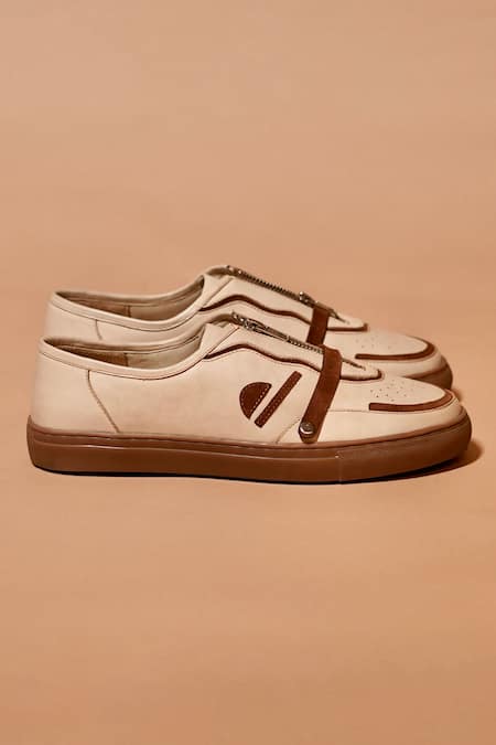 Dmodot_Cream Scarpo Mocha Leather Sneakers _Online_at_Aza_Fashions
