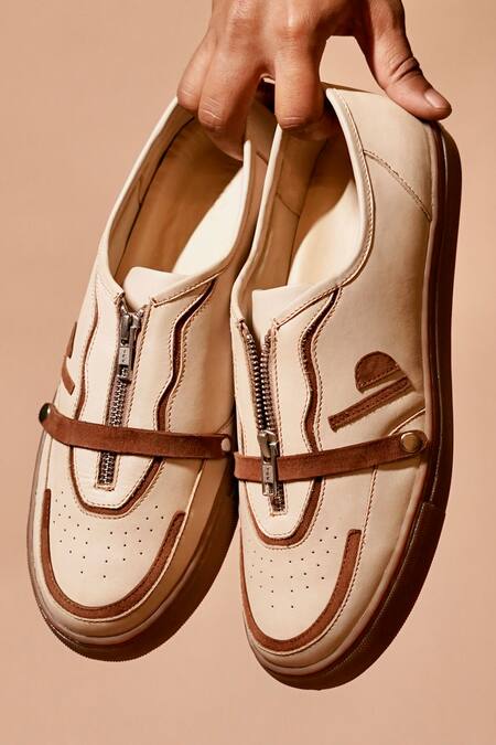 Buy_Dmodot_Cream Scarpo Mocha Leather Sneakers _Online_at_Aza_Fashions