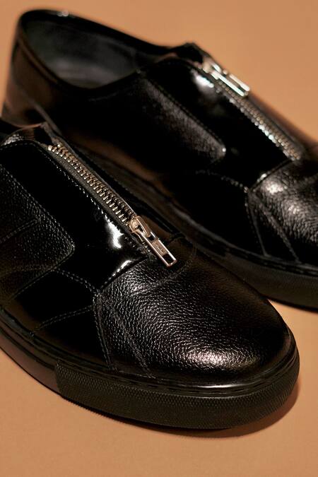 Shop_Dmodot_Black Scarpo Zippo Lustro Leather Sneakers _Online_at_Aza_Fashions