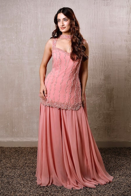 Dajwaree_Peach Georgette Beads, Pearls Sweetheart Neck Gul Embroidered Kurta Palazzo Set _at_Aza_Fashions