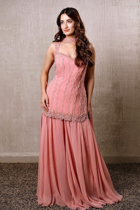 Buy_Dajwaree_Peach Georgette Beads, Pearls Sweetheart Neck Gul Embroidered Kurta Palazzo Set 