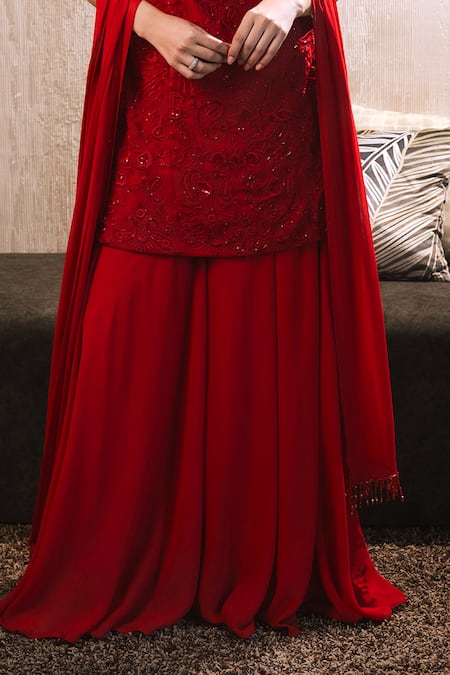 Buy_Dajwaree_Red Georgette Embroidery, Stones, Tassels V-neck Rubina Kurta Palazzo Set _Online_at_Aza_Fashions