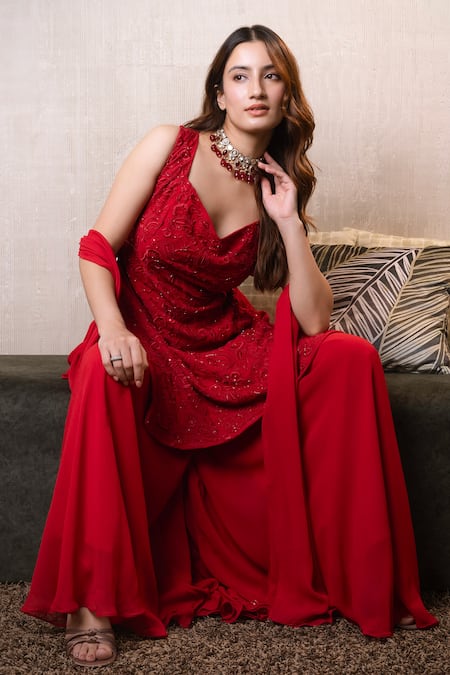 Dajwaree_Red Georgette Embroidery, Stones, Tassels V-neck Rubina Kurta Palazzo Set _at_Aza_Fashions