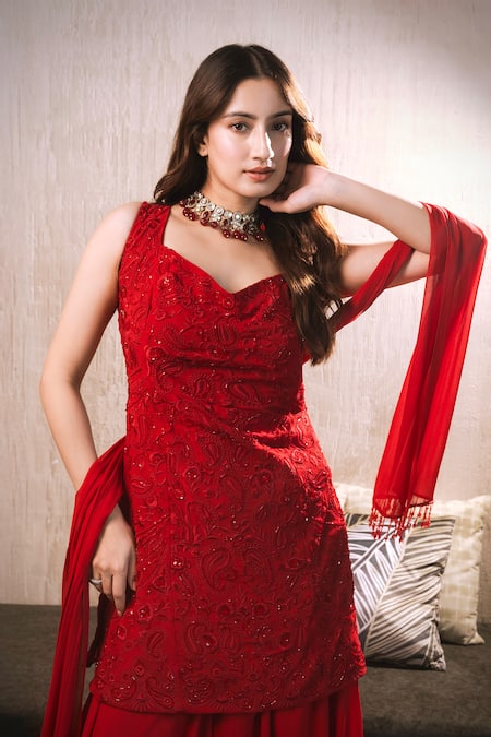 Buy_Dajwaree_Red Georgette Embroidery, Stones, Tassels V-neck Rubina Kurta Palazzo Set 