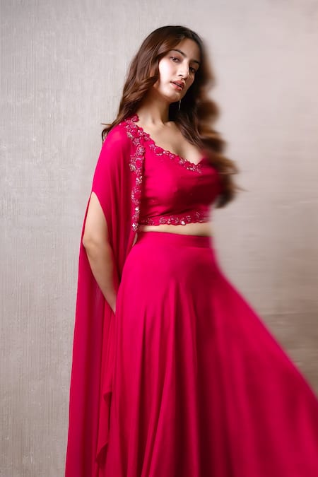 Dajwaree_Fuchsia Dupion, Silk Beads, Sequins, Embroidery V-neck Panag Cape Palazzo Set _Online_at_Aza_Fashions