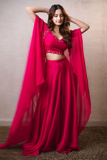 Buy_Dajwaree_Fuchsia Dupion, Silk Beads, Sequins, Embroidery V-neck Panag Cape Palazzo Set _Online_at_Aza_Fashions