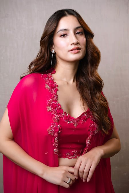 Shop_Dajwaree_Fuchsia Dupion, Silk Beads, Sequins, Embroidery V-neck Panag Cape Palazzo Set _Online_at_Aza_Fashions