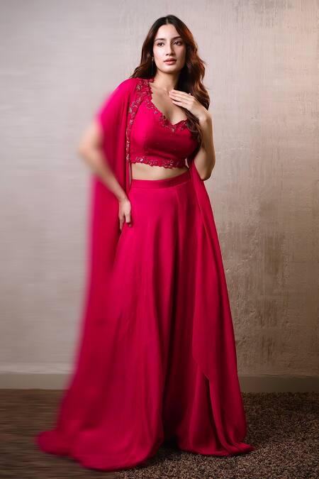 Dajwaree_Fuchsia Dupion, Silk Beads, Sequins, Embroidery V-neck Panag Cape Palazzo Set _at_Aza_Fashions