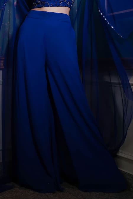 Dajwaree_Blue Georgette Beads Open Neck, Sweetheart Sejeh Embroidered Blouse Palazzo Set _Online_at_Aza_Fashions