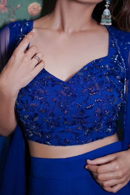 Shop_Dajwaree_Blue Georgette Beads Open Neck, Sweetheart Sejeh Embroidered Blouse Palazzo Set _Online_at_Aza_Fashions