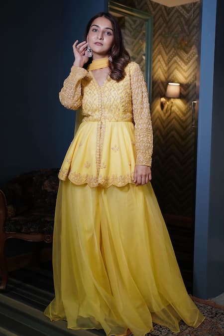 Dajwaree Bloom Embroidered Peplum Kurta Palazzo Set 