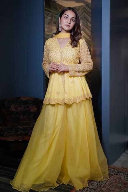 Dajwaree Bloom Embroidered Peplum Kurta Palazzo Set 